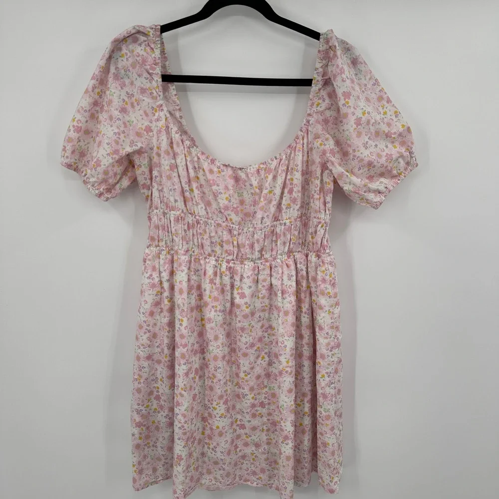 Elodie Floral Print Puff Sleeve Smocked Waist Mini Dress XL Pink‎ Cottagecore
